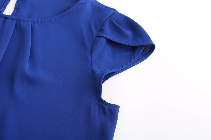 TASAMO Women Chiffon Blouse Round Neck Short Sleeve Top Shirts (Medium, Royal Blue) - Image 4